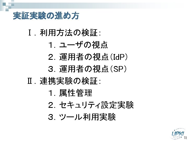 実証実験の進め方 Ⅰ．利用方法の検証： 　　　　１．ユーザの視点 　　　　２．運用者の視点（Id. P） 　　　　３．運用者の視点（SP） Ⅱ．連携実験の検証： 　　　　１．属性管理 　　　　２．セキュリティ設定実験 　　　　３．ツール利用実験 72 