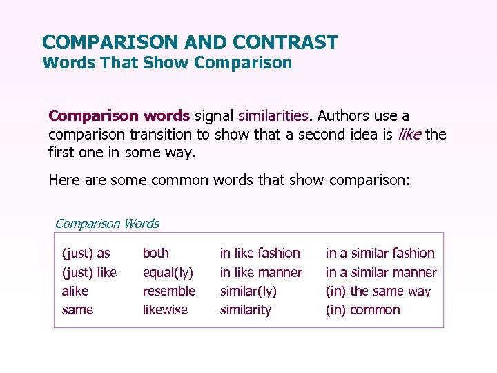 COMPARISON AND CONTRAST Words That Show Comparison words signal similarities. Authors use a comparison