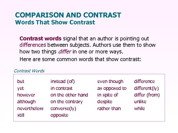 COMPARISON AND CONTRAST Words That Show Contrast words signal that an author is pointing