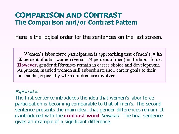 COMPARISON AND CONTRAST The Comparison and/or Contrast Pattern Here is the logical order for