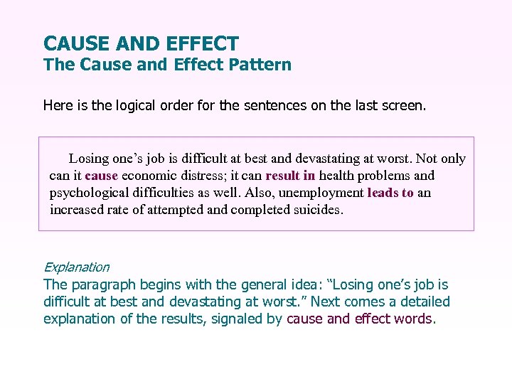 CAUSE AND EFFECT The Cause and Effect Pattern Here is the logical order for