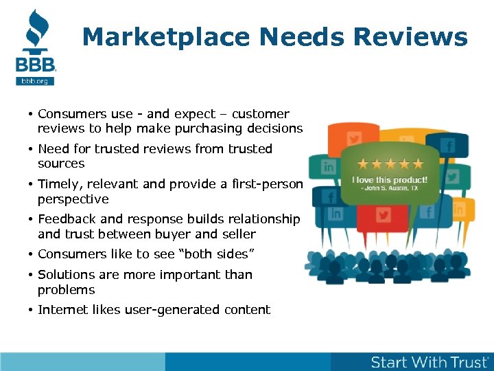 Marketplace Needs Reviews • Consumers use - and expect – customer reviews to help