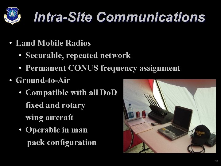 Intra-Site Communications • Land Mobile Radios • Securable, repeated network • Permanent CONUS frequency