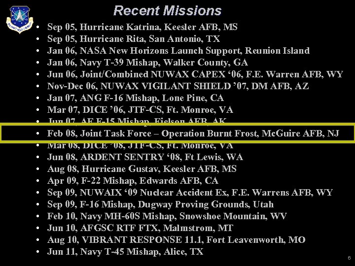 Recent Missions • • • • • Sep 05, Hurricane Katrina, Keesler AFB, MS