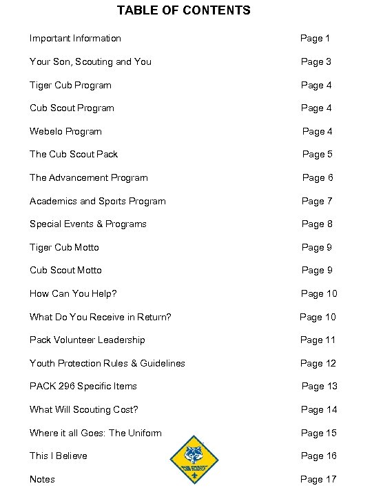 TABLE OF CONTENTS Important Information Page 1 Your Son, Scouting and You Page 3