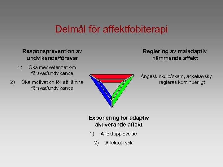 Delmål för affektfobiterapi Responsprevention av undvikande/försvar 1) 2) Reglering av maladaptiv hämmande affekt Öka
