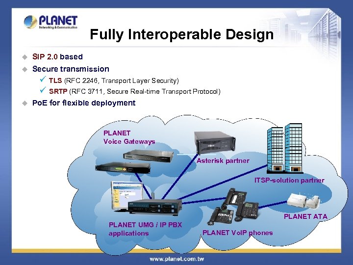 Fully Interoperable Design u SIP 2. 0 based u Secure transmission ü ü u