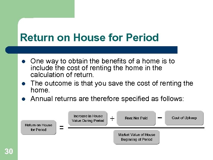 Return on House for Period l l l 30 One way to obtain the