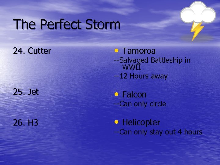 The Perfect Storm 24. Cutter • Tamoroa 25. Jet • Falcon --Salvaged Battleship in