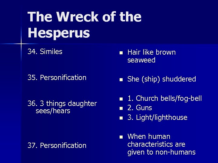 The Wreck of the Hesperus 34. Similes n Hair like brown seaweed 35. Personification