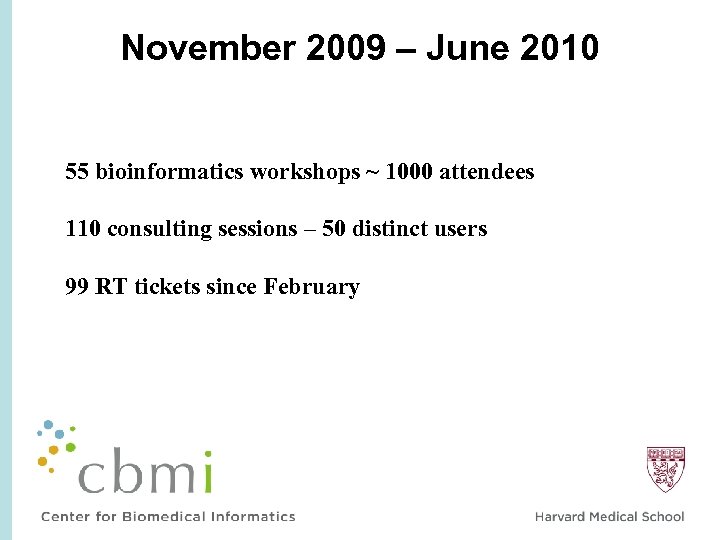 November 2009 – June 2010 55 bioinformatics workshops ~ 1000 attendees 110 consulting sessions