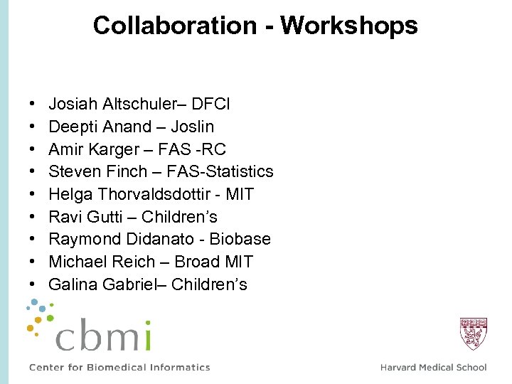 Collaboration - Workshops • • • Josiah Altschuler– DFCI Deepti Anand – Joslin Amir