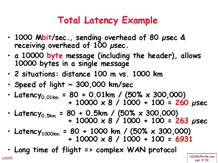 Total Latency Example • 1000 Mbit/sec. , sending overhead of 80 µsec & receiving