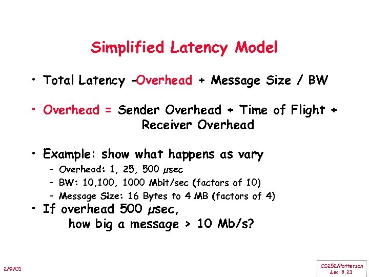 Simplified Latency Model • Total Latency Overhead + Message Size / BW • Overhead
