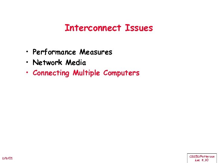 Interconnect Issues • Performance Measures • Network Media • Connecting Multiple Computers 2/9/01 CS