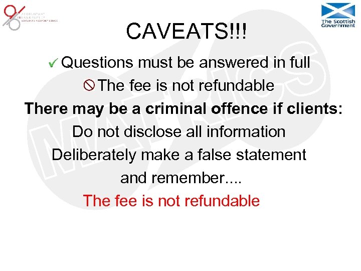 CAVEATS!!! Questions must be answered in full The fee is not refundable There may