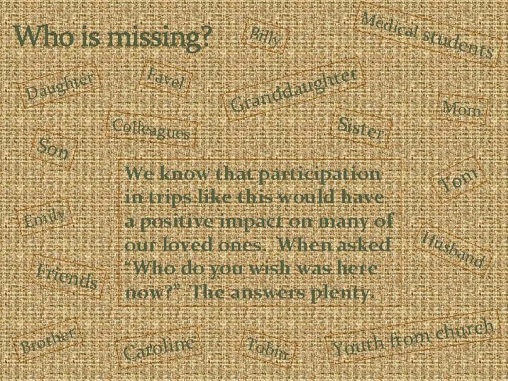Who is missing? r ghte u Da y Emil Frien ds Br l Colleague