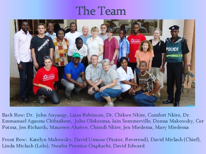 The Team Back Row: Dr. John Anyaogy, Liam Robinson, Dr. Chikwe Nkire, Comfort Nkire,