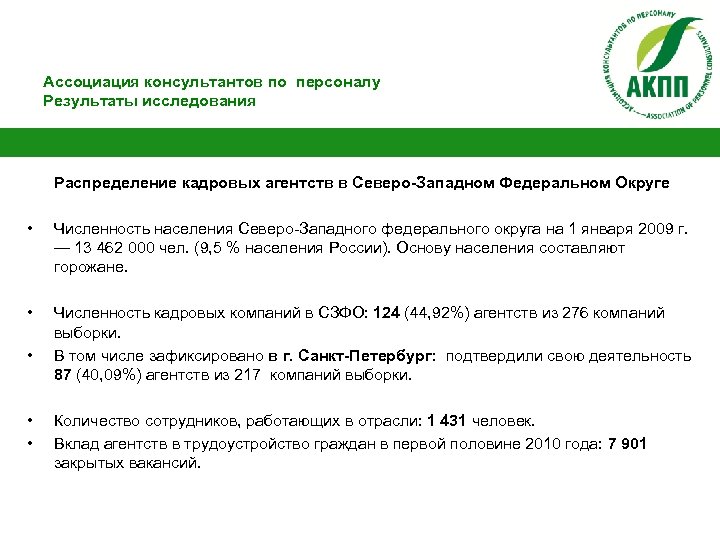 Ассоциация консультантов по персоналу Результаты исследования Распределение кадровых агентств в Северо-Западном Федеральном Округе •