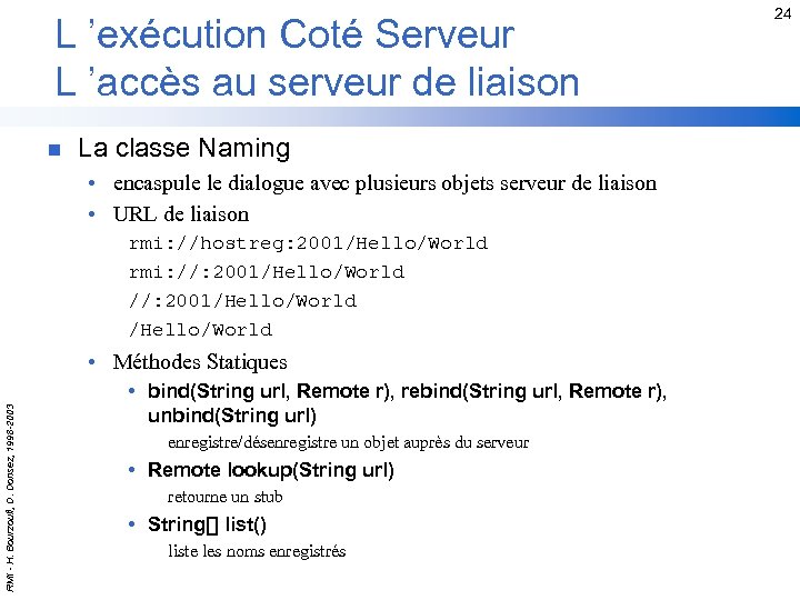 L ’exécution Coté Serveur L ’accès au serveur de liaison n La classe Naming