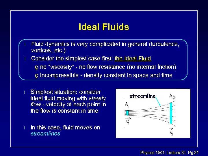 Ideal Fluids l l Fluid dynamics is very complicated in general (turbulence, vortices, etc.
