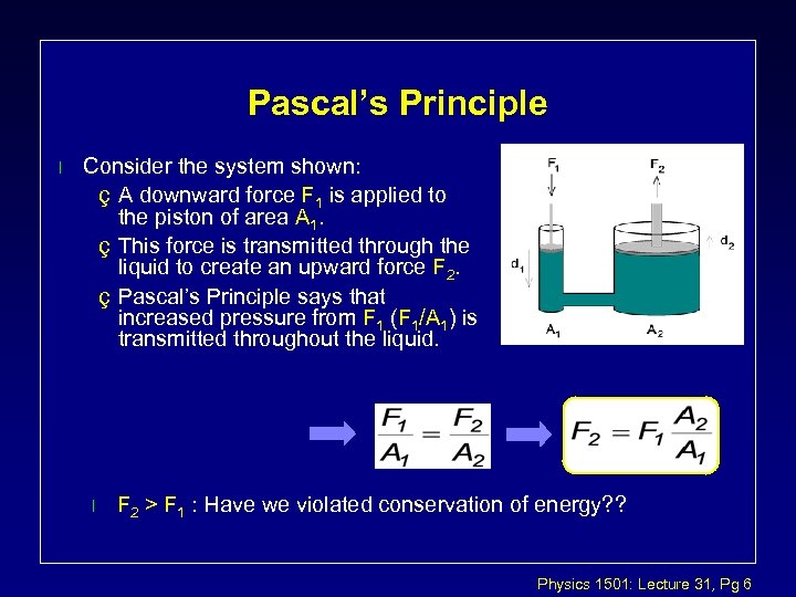 Pascal’s Principle l Consider the system shown: ç A downward force F 1 is