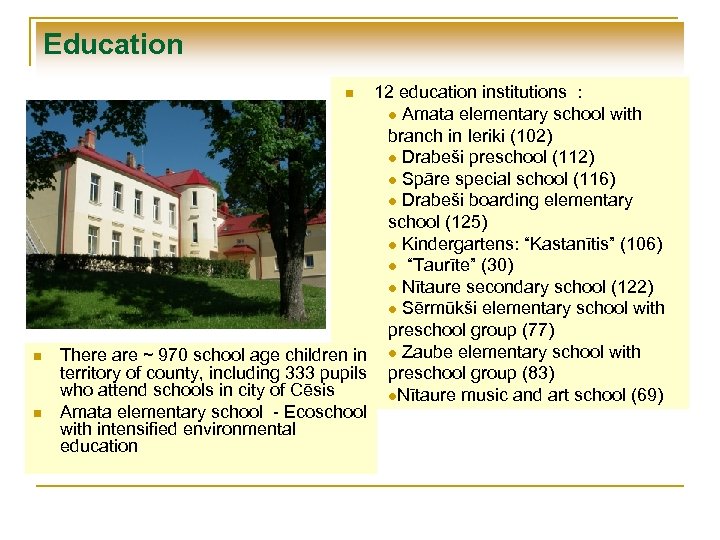 Education 12 education institutions : l Amata elementary school with branch in Ieriki (102)