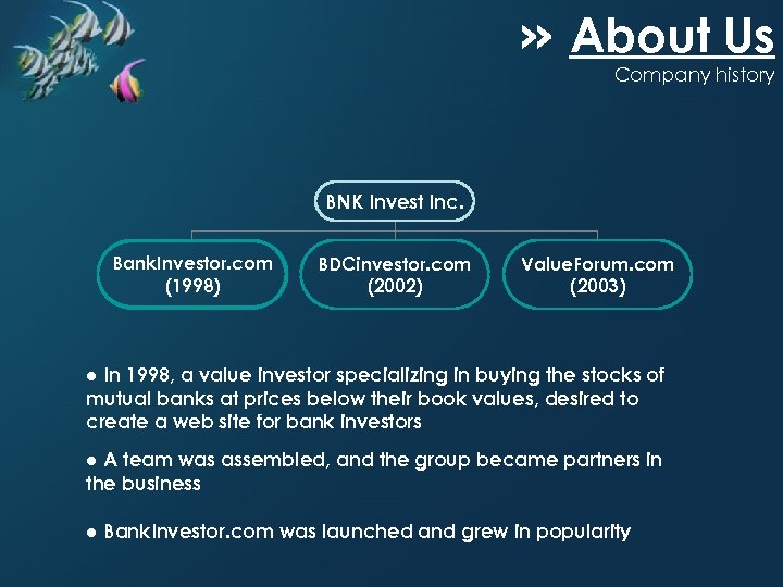 » About Us Company history BNK Invest Inc. Bank. Investor. com (1998) BDCinvestor. com