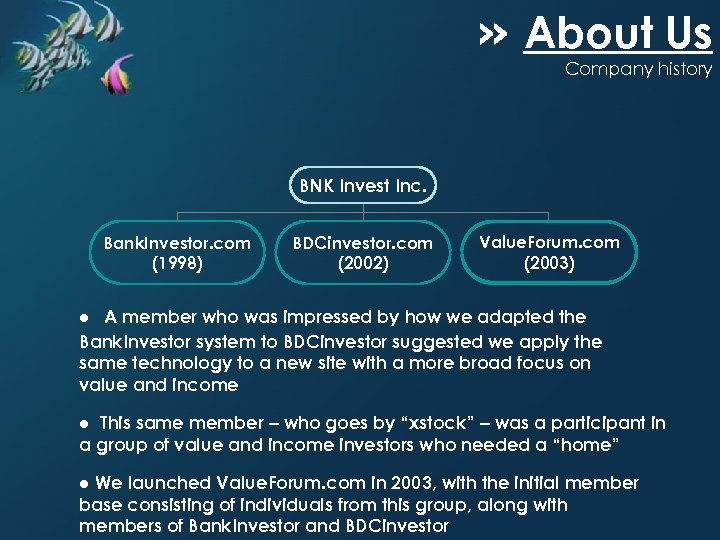 » About Us Company history BNK Invest Inc. Bank. Investor. com (1998) BDCinvestor. com