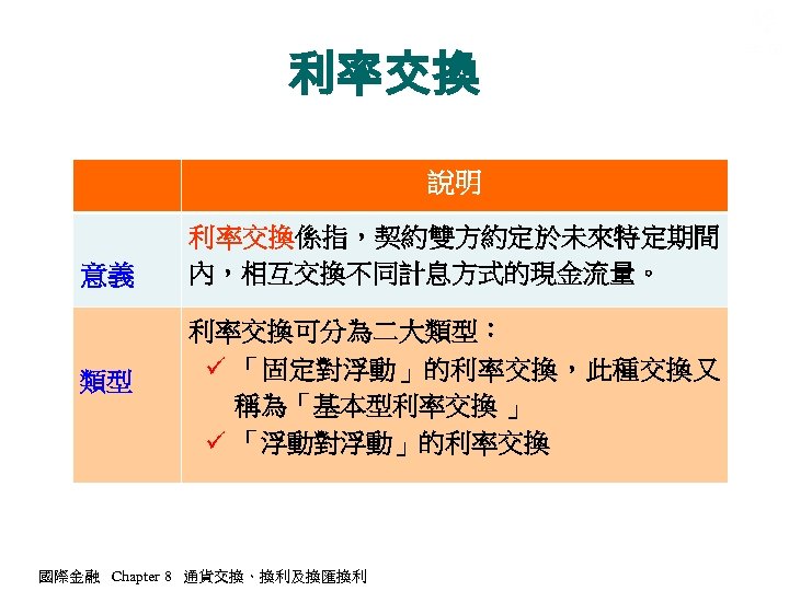 利率交換 說明 意義 類型 利率交換係指，契約雙方約定於未來特定期間 內，相互交換不同計息方式的現金流量。 利率交換可分為二大類型： ü 「固定對浮動」的利率交換，此種交換又 稱為「基本型利率交換 」 ü 「浮動對浮動」的利率交換 國際金融