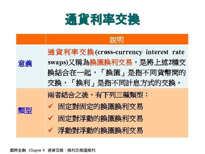 通貨利率交換 說明 意義 通 貨 利 率 交 換 (cross-currency interest rate swaps)又稱為換匯換利交易，是將上述 2種交