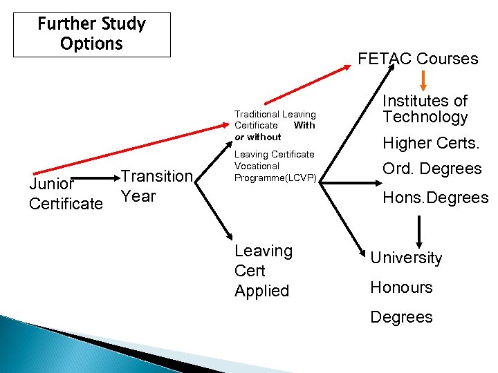 Further Study Options FETAC Courses Traditional Leaving Certificate With or without Junior Certificate Transition