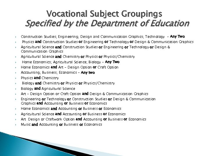 Vocational Subject Groupings Specified by the Department of Education Construction Studies; Engineering; Design and