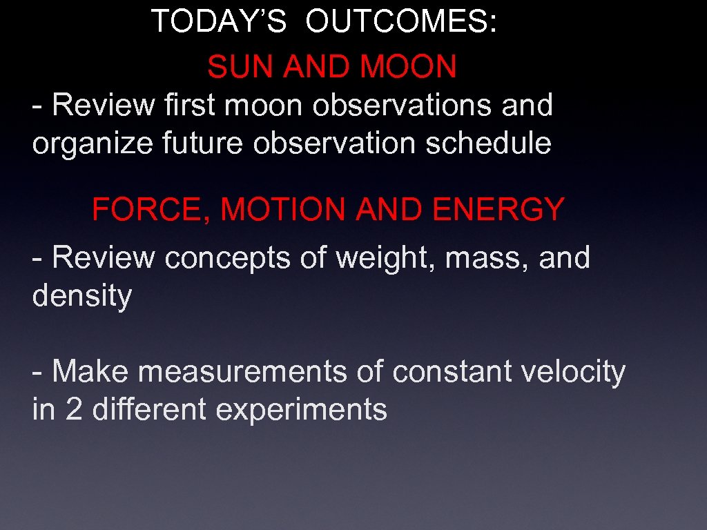 TODAY’S OUTCOMES: SUN AND MOON - Review first moon observations and organize future observation