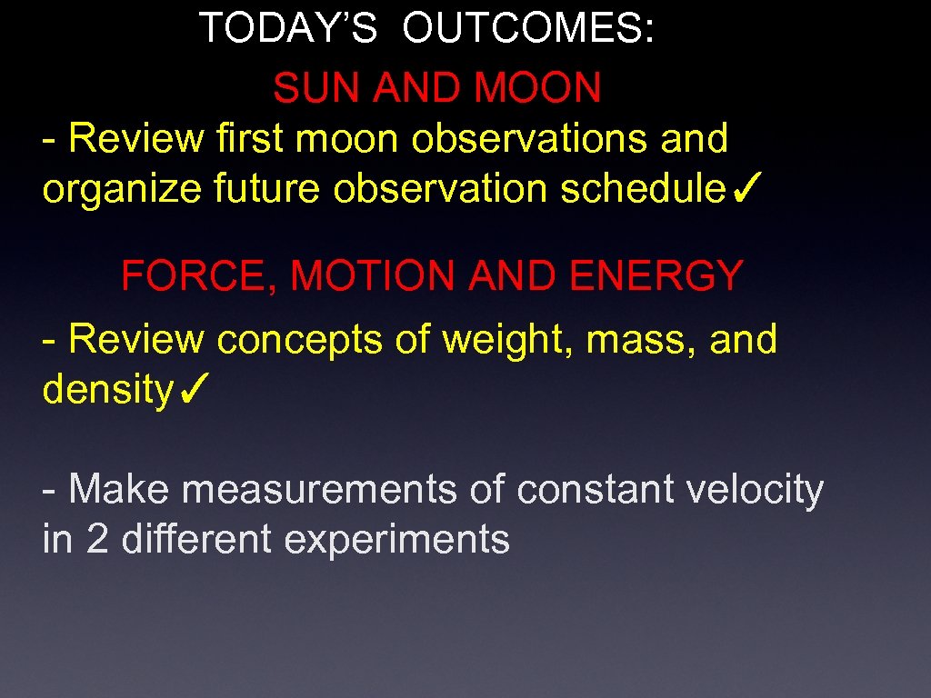 TODAY’S OUTCOMES: SUN AND MOON - Review first moon observations and organize future observation