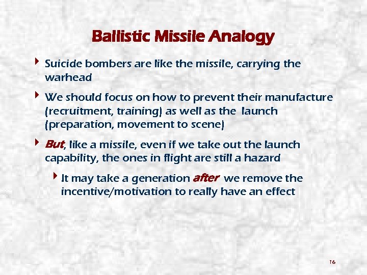 Ballistic Missile Analogy 4 Suicide bombers are like the missile, carrying the warhead 4