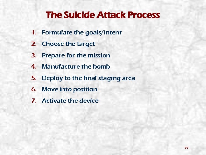 The Suicide Attack Process 1. Formulate the goals/intent 2. Choose the target 3. Prepare