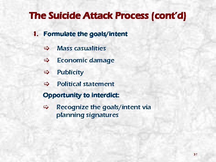 The Suicide Attack Process (cont’d) 1. Formulate the goals/intent Mass casualities Economic damage Publicity
