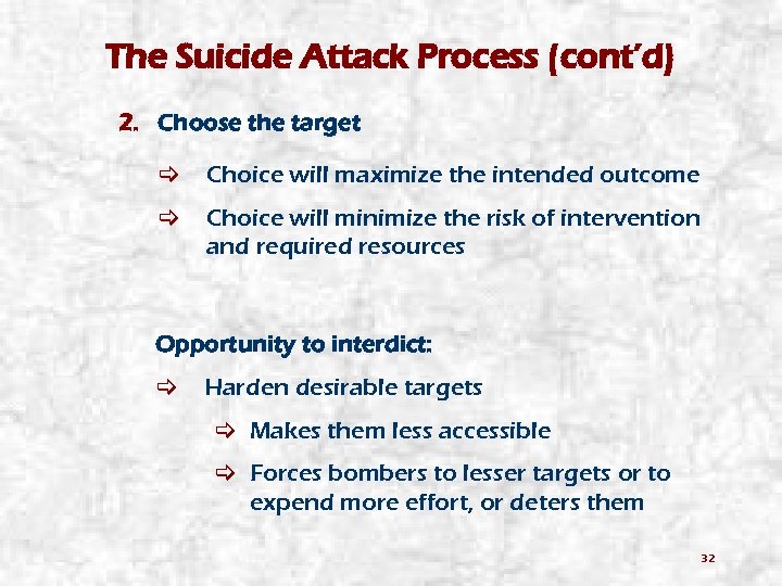 The Suicide Attack Process (cont’d) 2. Choose the target Choice will maximize the intended