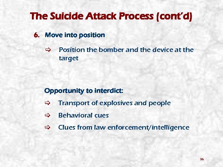 The Suicide Attack Process (cont’d) 6. Move into position Position the bomber and the