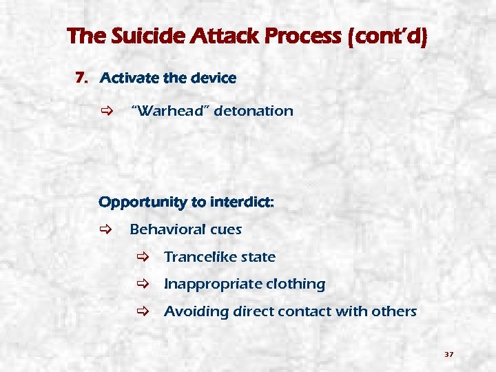 The Suicide Attack Process (cont’d) 7. Activate the device “Warhead” detonation Opportunity to interdict: