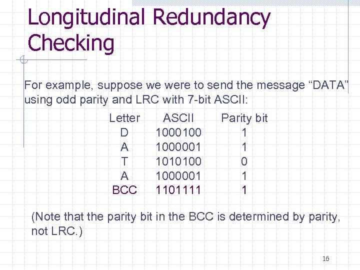 Longitudinal Redundancy Checking For example, suppose we were to send the message “DATA” using