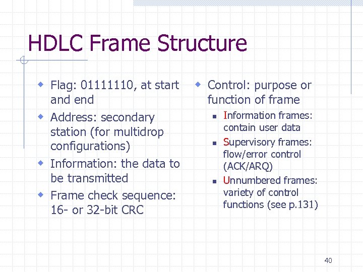 HDLC Frame Structure w Flag: 01111110, at start and end w Address: secondary station