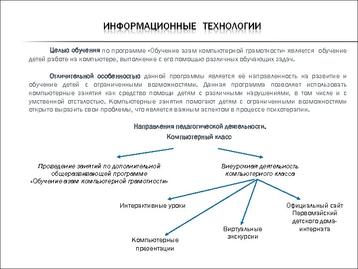 Целью обучения по программе «Обучение азам компьютерной грамотности» является обучение детей работе на компьютере,