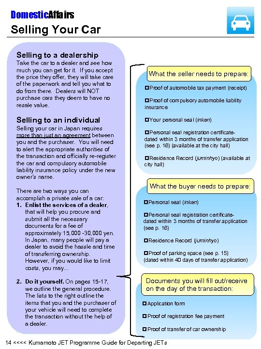 Domestic. Affairs Selling Your Car Selling to a dealership Take the car to a