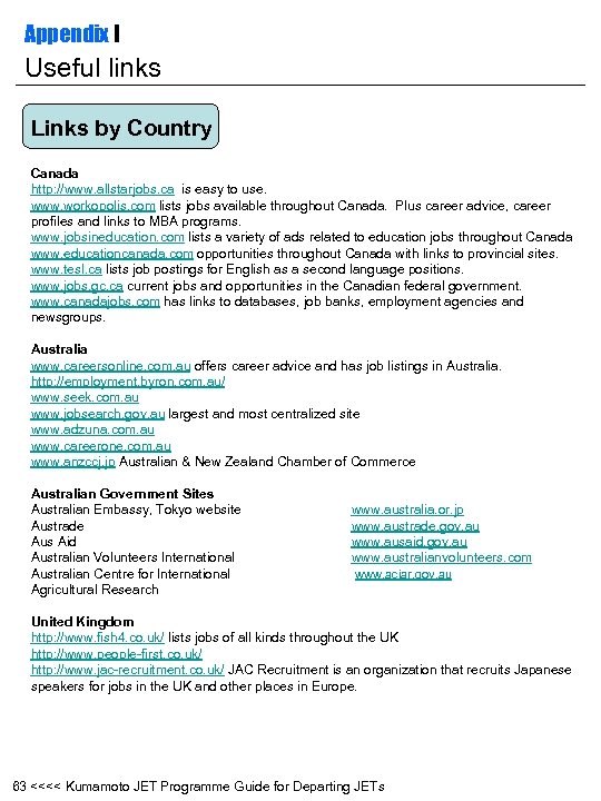Appendix I Useful links Links by Country Canada http: //www. allstarjobs. ca is easy