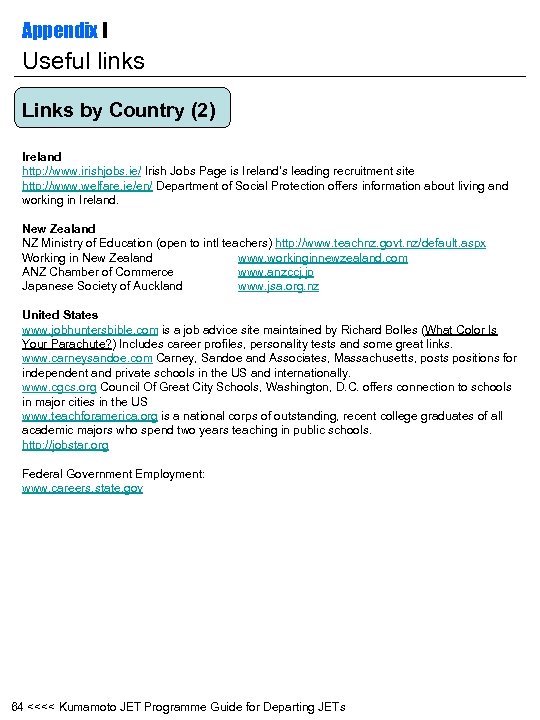 Appendix I Useful links Links by Country (2) 　 Ireland http: //www. irishjobs. ie/