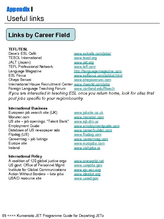 Appendix I Useful links Links by Career Field TEFL/TESL Dave’s ESL Café: TESOL International: