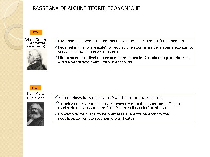 RASSEGNA DI ALCUNE TEORIE ECONOMICHE 1776 Adam Smith (La ricchezza delle nazioni) ü Divisione