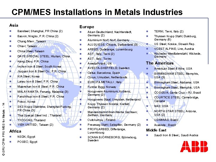 CPM/MES Installations in Metals Industries Asia Europe n Baosteel; Shanghai, PR China (2) n